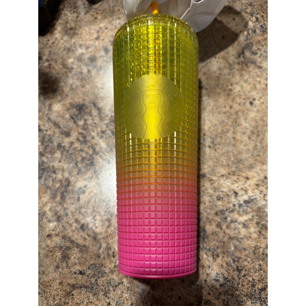 Starbucks 24oz Yellow Pink Sunset Gradient Grid Textured Cold Cup Tumbler Straw‎